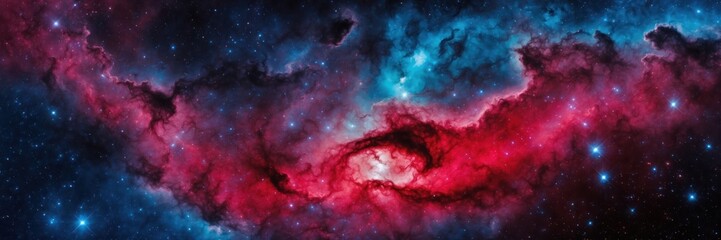 Fototapeta premium Cosmic Vortex. Vibrant Red and Blue Nebula Swirling Amongst Starry Galaxy