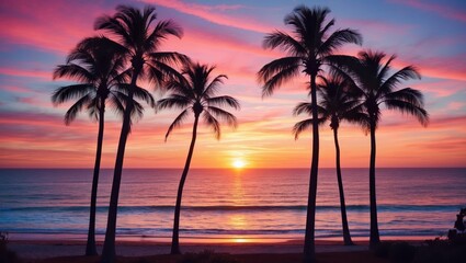 A Serene Sunset Over Ocean. Silhouetted Palm Trees Create Striking Contrast Against Vibrantly Colored Sky