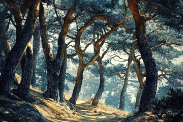 Tall pine trees sway gently in a serene forest, their movement calm under soft clouds during a peaceful afternoon.