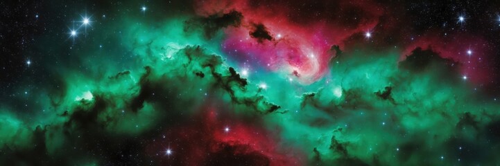 Fototapeta premium Vibrant Nebula. Cosmic Tapestry of Greens and Reds with Shimmering Stars