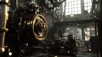 Fototapeta premium Steampunk Locomotive in Industrial Workshop