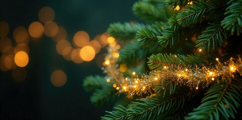 Shimmering golden garland wrapped around a fir, evergreen, sparkles, decoration