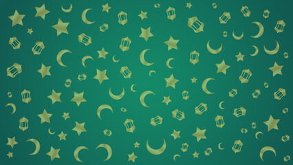 Golden Islamic Symbols Pattern on Green Background – Ramadan and Eid Mubarak Design