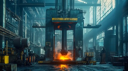 Powerful Hydraulic Press Shaping Glowing Hot Metal in Steel Factory