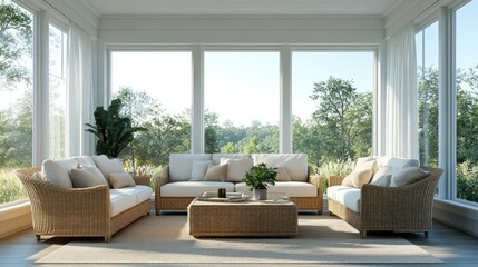 Sun-drenched porch living room with wicker furniture