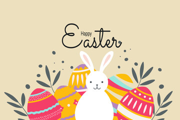 Banners with Easter greetings. The design is in bright colors. Modern minimalist style with hand-drawn leaves, eggs and plants. Vector illustration
