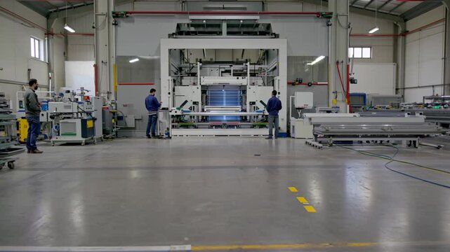 Operators overseeing CNC machine operations on a large manufacturing floor