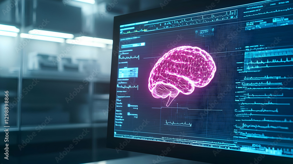 Poster digital brain displayed on computer monitor in modern workspace with neon pink and blue illumination