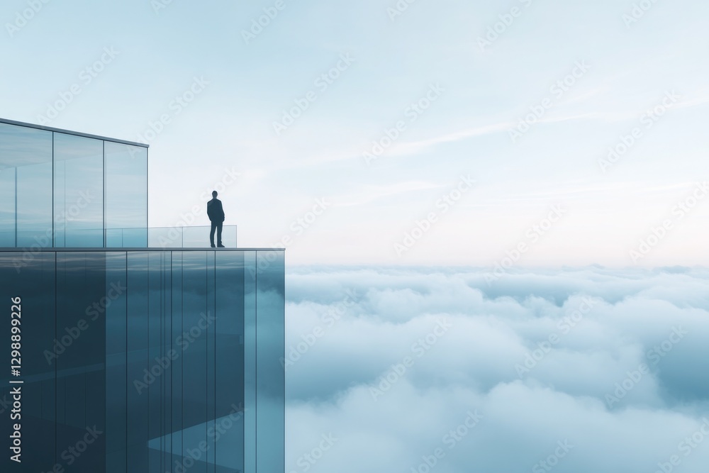 Poster minimalistic stock photo of glass skyscraper reflecting sky emphasizing seamless blend between archi