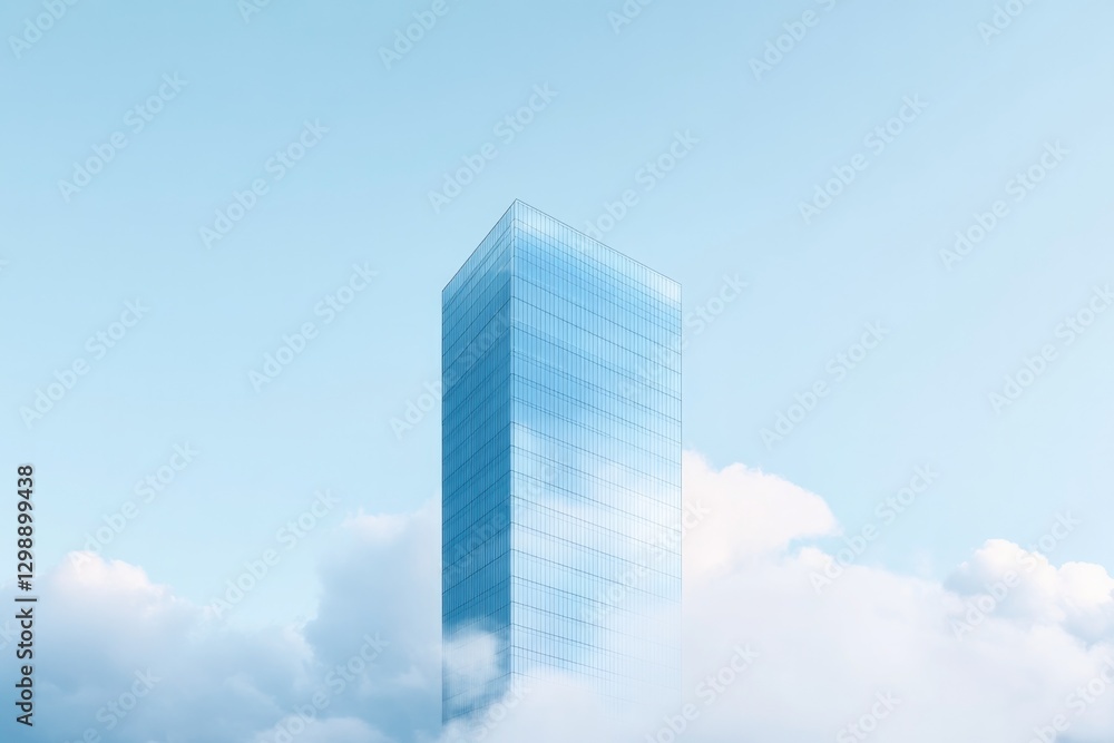 Poster minimalistic stock photo of glass skyscraper reflecting sky emphasizing seamless blend between archi