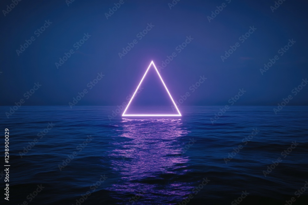 Poster minimalistic stock photo of glowing triangular prism emerging from dark ocean casting ethereal neon reflection