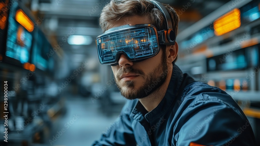Poster a focused worker engages with advanced virtual reality technology in a bustling manufacturing facili