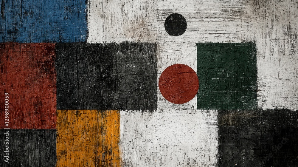 Poster abstract composition featuring squares and circles in various colors creating a modern artistic expr