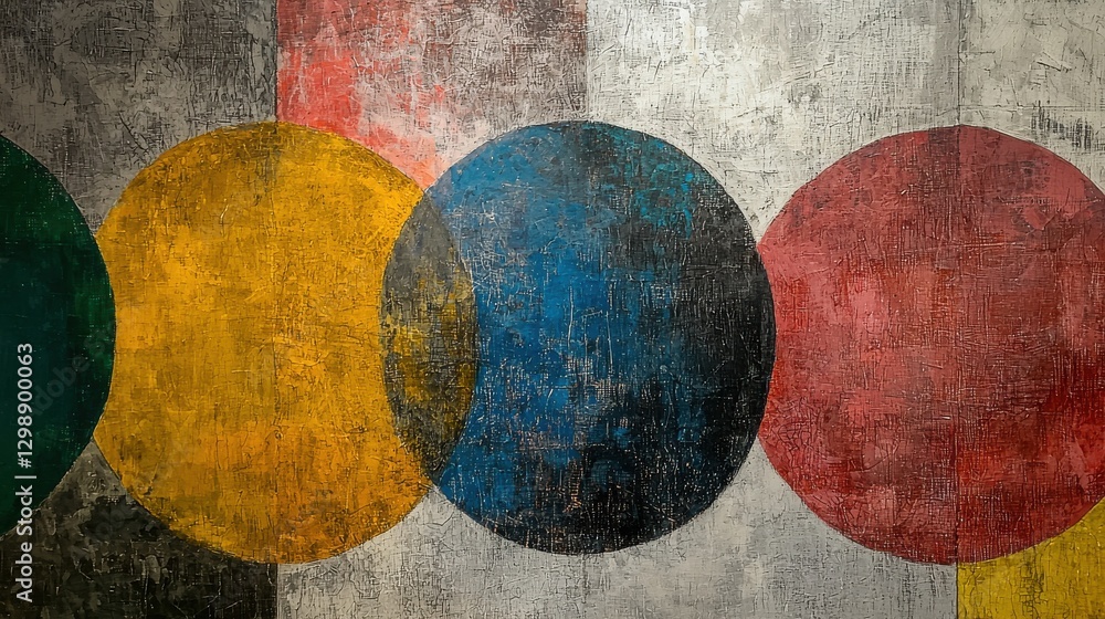 Poster colorful abstract mural featuring large circular shapes in a minimalist design displayed in an indoo