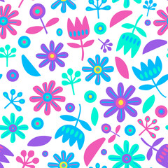 Vector seamless floral pattern, simple forms flowers, neon doodle pattern for kids
