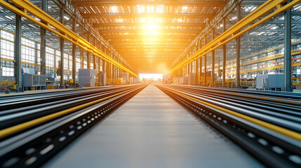 Obraz premium Large Industrial Warehouse Interior With Bright Sunlight And Metal Structures