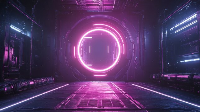 Game portal UI, hologram light technology, neon circle effect, futuristic glow podium, teleport element