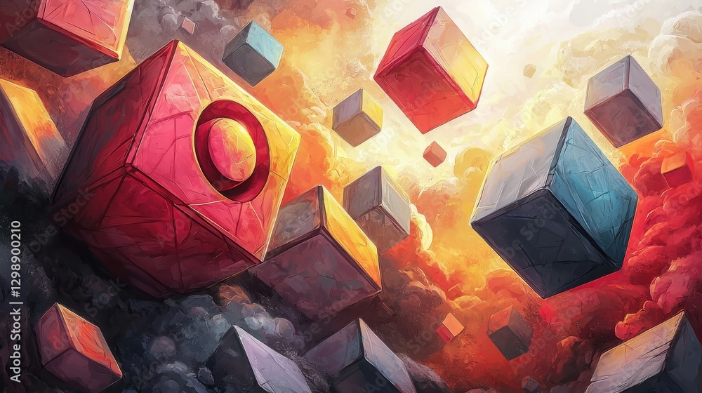 Poster colorful abstract cubes floating in a dynamic sky with orange and gray clouds at sunrise, creating a