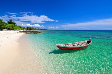 Naklejka premium A simple, clean horizon where the deep blue sea meets the sky, with a tiny boat in the distance