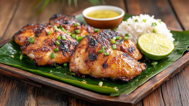 Grilled Filipino chicken inasal with rice and lime