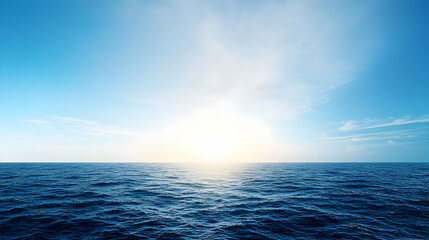 Obraz premium Bright Sunlight Over Calm Ocean Horizon with Blue Sky and Cloudscape