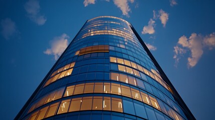 modern skyscraper at dusk with reflective glass facade
