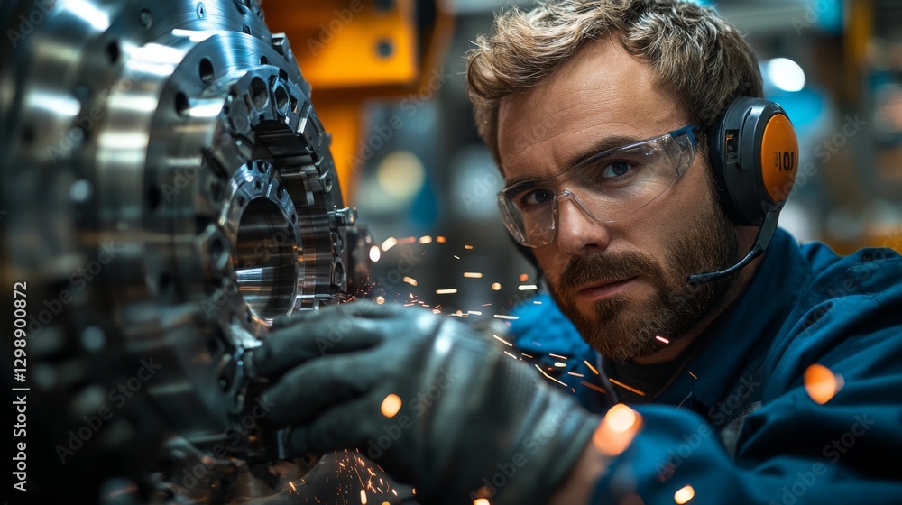 Poster An engineer is closely inspecting and working on intricate machinery in a busy manufacturing workshop.