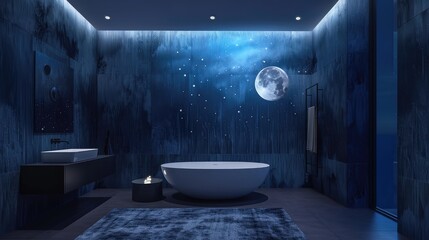 Modern bathroom interior featuring a stylish bathtub, starry wall decor, and moonlit view through a window