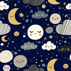 Vector hand-drawn color seamless childish simple pattern for kids with cute moons and clouds in Scandinavian style. Baby pattern with night sky. Fabric design. Wallpaper. Kids room design.