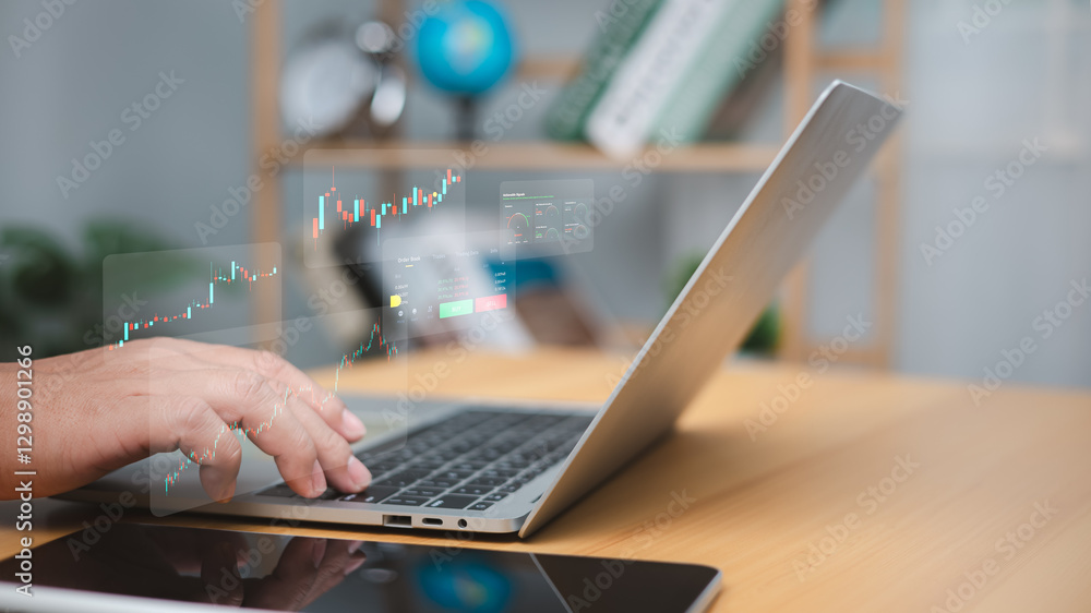 Poster stock graphs and various indicators on the computer screen on a dark background, financial stock mar