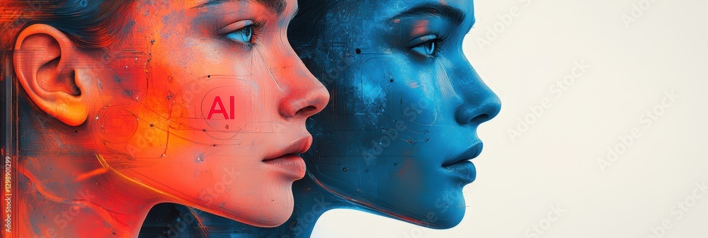 Poster exploring the duality of artificial intelligence through striking graphic design elements