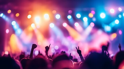 Lively Outdoor Music Festival with Vibrant Stage Lighting and Energetic Crowd