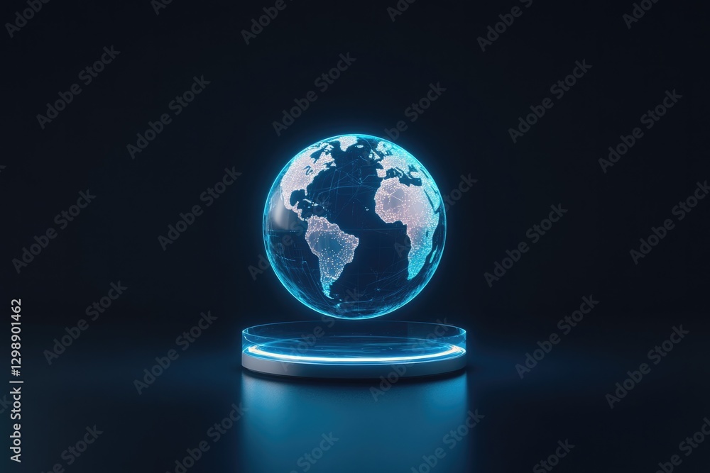 Poster minimalistic stock photo of holographic globe floating above sleek metallic platform representing ai