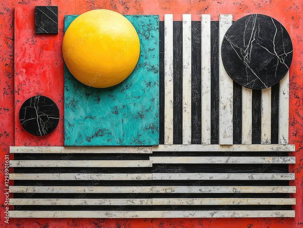 Poster abstract geometric composition featuring vibrant colors and various shapes on a textured background
