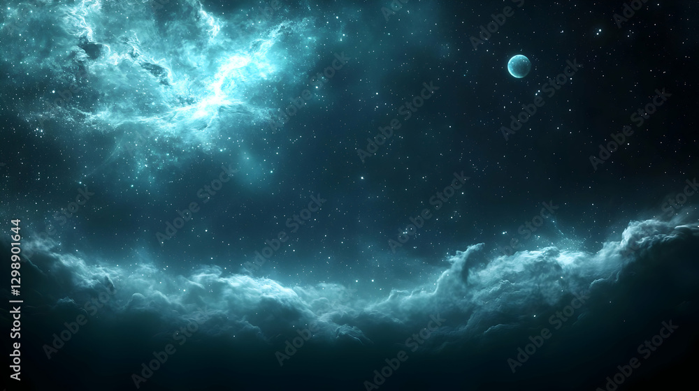 Poster cosmic nebula with sparkling stars and distant planet in deep blue space