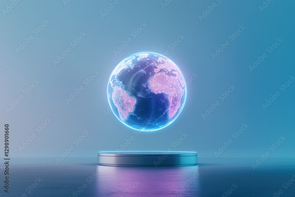 Poster minimalistic stock photo of holographic globe floating above sleek metallic platform representing ai