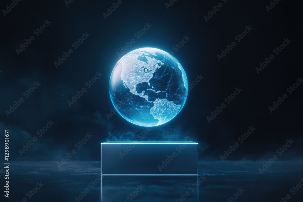 Poster minimalistic stock photo of holographic globe floating above sleek metallic platform representing ai