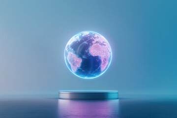 minimalistic stock photo of holographic globe floating above sleek metallic platform representing ai-driven global