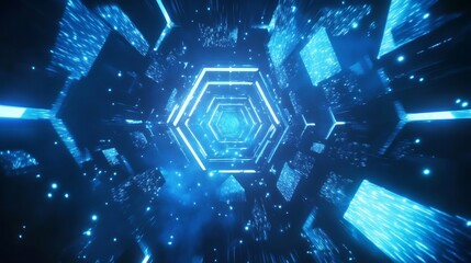 Fototapeta premium Futuristic Floating Hexagon Pattern in Glowing Blue Ambiance