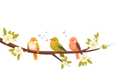 Colorful beautiful birds with flowers and branches. Vector cardboard illustration in children's style isolated on white background. Spring concept