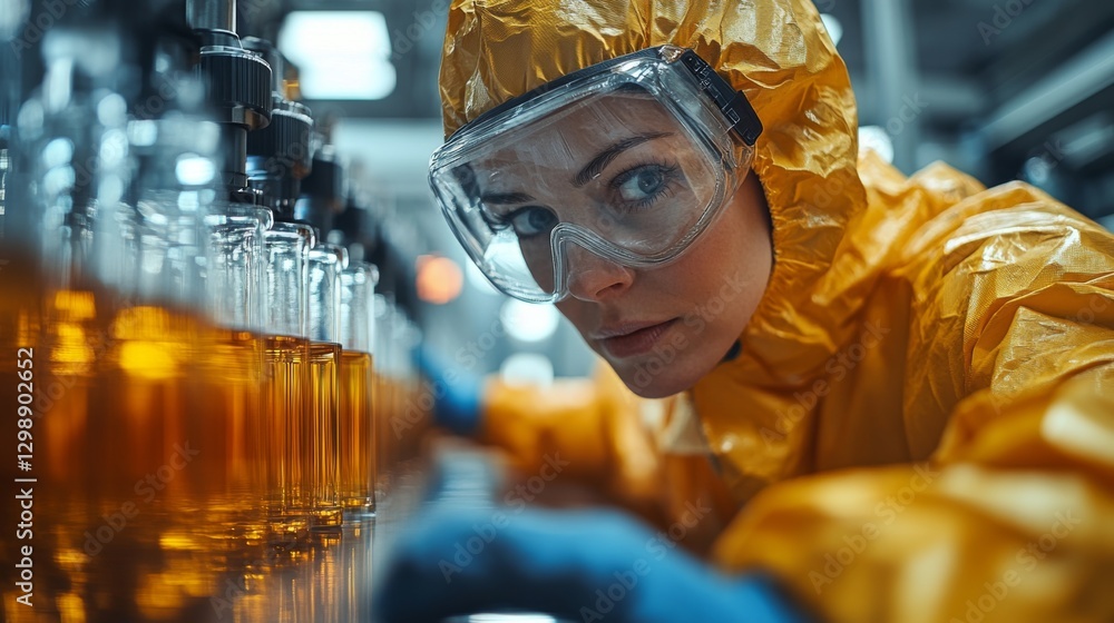 Poster a woman in a yellow protective suit and goggles examines bottles of liquid on a production line in a