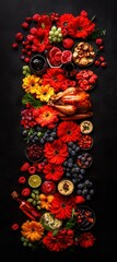 A vibrant, artistic arrangement of red fruits, flowers, and a turkey, showcasing a festive theme against a dark background.