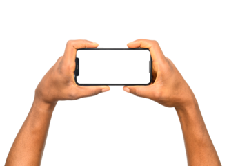 Hands holding a smartphone in landscape mode with a blank screen, perfect for showcasing mobile UI, gaming, streaming, app design, or digital content. A clean and modern concept for technology visuals