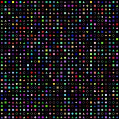 Obraz premium many geometric shapes like circles squares triangles rhombuses, rings on black background on a matrix of 32x32 total of 1024 symbols