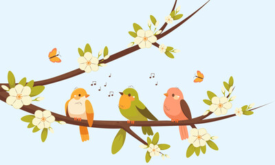 Colorful beautiful birds with flowers and branches. Vector cardboard illustration in children's style. Spring concept