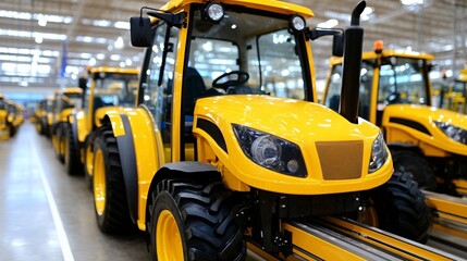 modern yellow tractor in agricultural warehouse