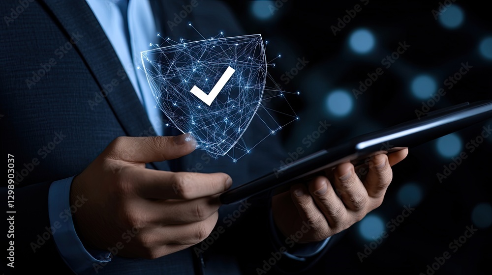 Poster a businessman shows a shield symbolizing data security while surrounded by digital connections on a 