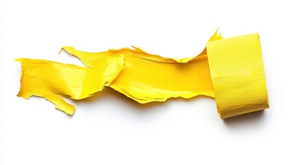 Torn yellow adhesive tape, rugged edges, vivid color, isolated on white canvas