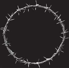 Black and white illustration of a circular barbed wire wreath. The sharp, twisted metal conveys themes of restriction, strength, struggle, imprisonment, and resilience in a minimalist style