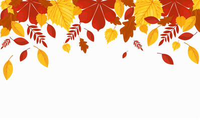 Autumn leaves a seamless border. Vector horizontal endless borders with forest flying leaves in bright colors. Seasonal fall design for greeting cards, banners, washi tape, web, and Thanksgiving day.